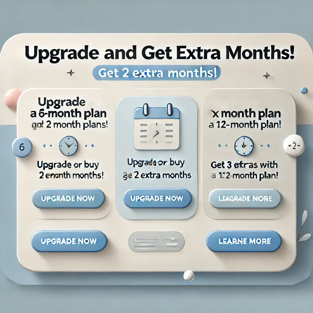 Popup message offering extra months with IPTV plans, headline reads 'Upgrade and Get Extra Months!' with details about extra months for 6-month and 12-month plans.