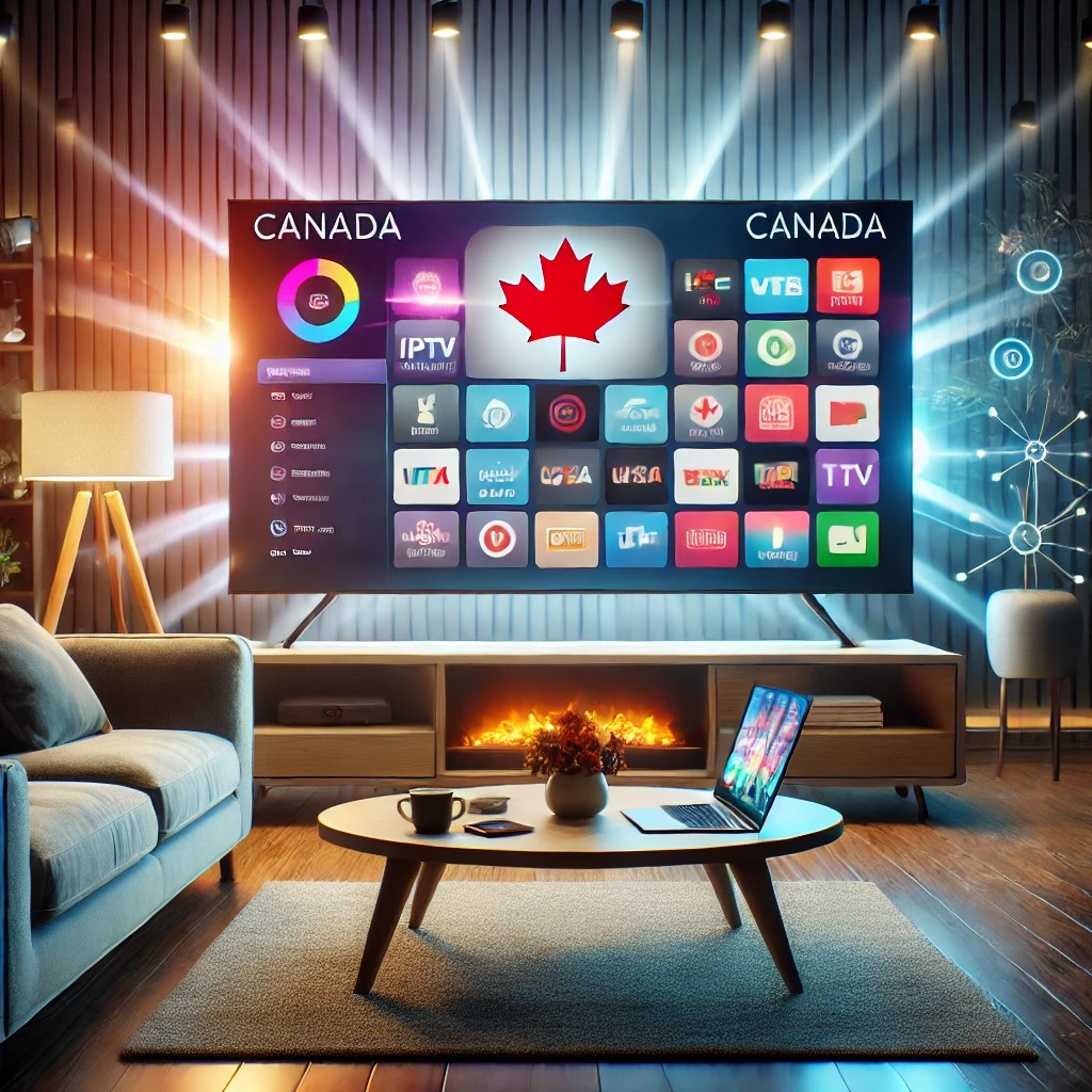 A modern Canadian living room with a smart TV showing an IPTV interface, a cozy couch, and a coffee table with a laptop, creating a tech-friendly and inviting atmosphere.